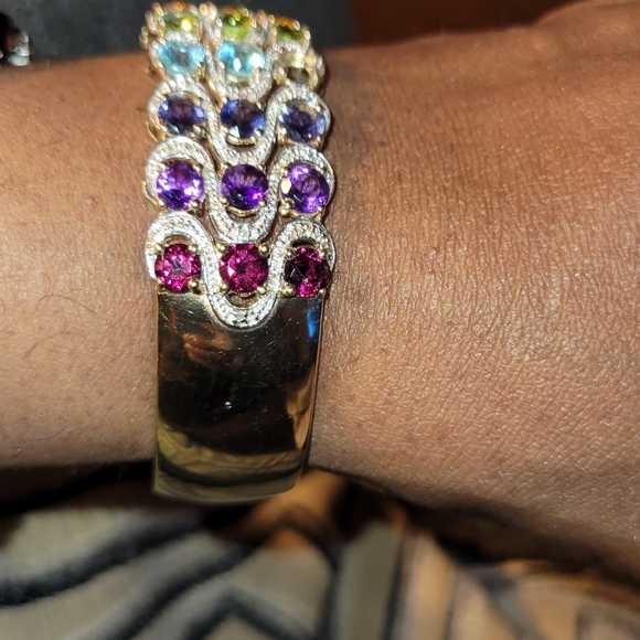Glamorous Sterling Silver Multi Color Sapphire Gemstone Hinged Cuff Bracelet - Picture 3 of 8